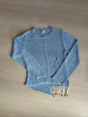 Light Blue Crewneck Knit Sweater with Fringe Detail